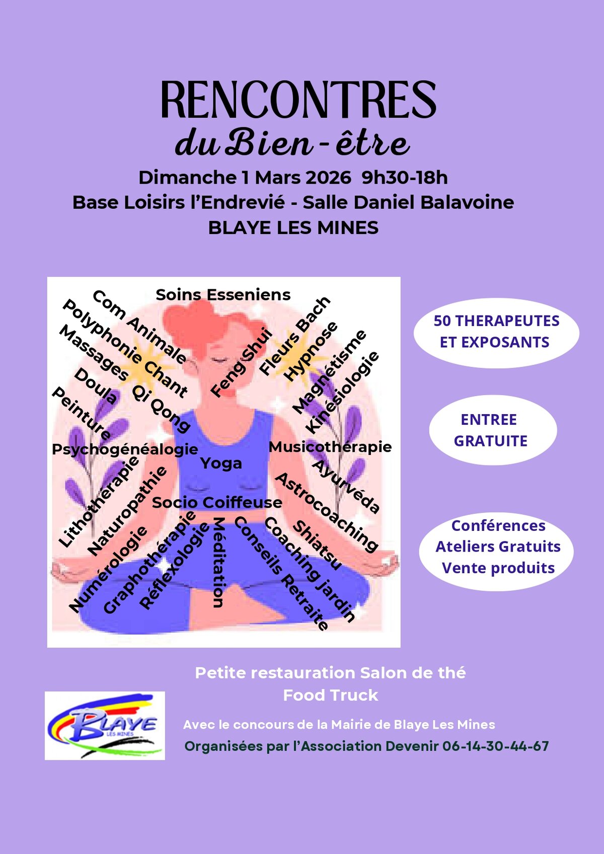 Panneau d'événements avec activités de santé et de développement personnel à Blaye-les-Mines.