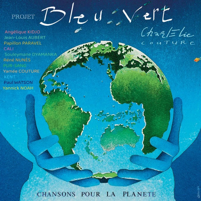 Illustration de la Terre tenue par deux mains bleues, symbolisant la protection de la planète, avec un fond bleu et un texte en français.