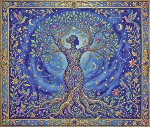 Illustration artistique d'un arbre de vie avec une silhouette féminine intégrée, entouré d'oiseaux, de fleurs et de constellations, symbolisant la croissance, la santé et l'harmonie.