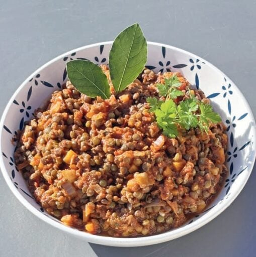 Ragoût de lentilles et légumes bio dans un bol blanc avec des herbes fraîches, idéal pour une alimentation saine et végétarienne.